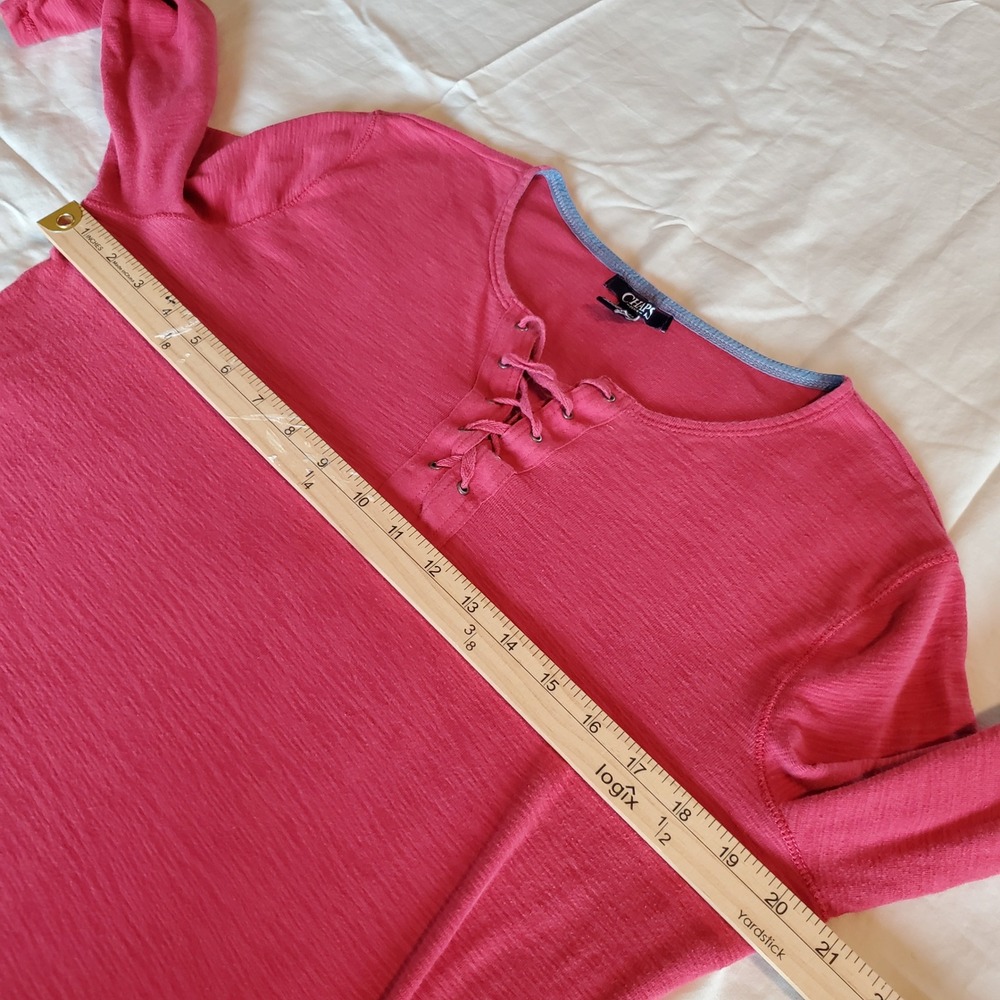 Chaps Denim Womens XL Raspberry Pink Lace Up Henley Slub Knit 3/4 Sleeve Top - Picture 5 of 7